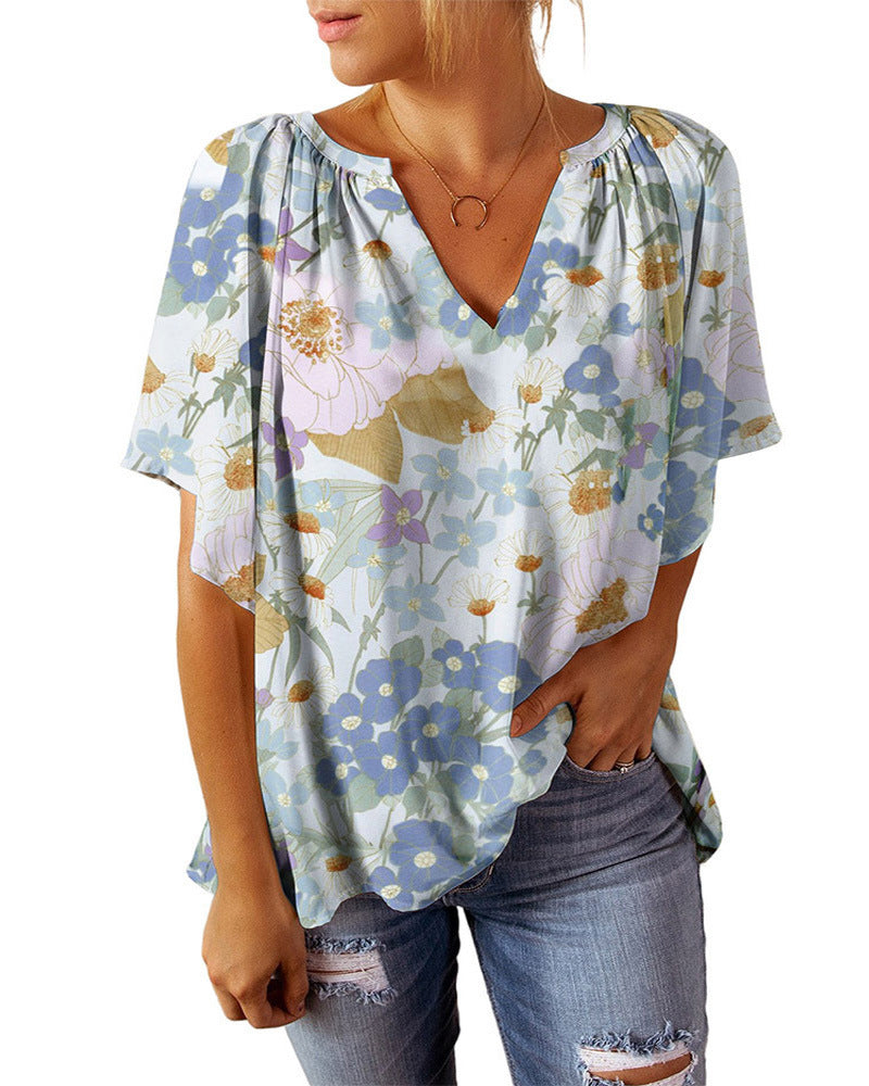 Damen weiches V-Ausschnitt Blusenoberteil mit floralem Design und elastischem Bund Stalluxe