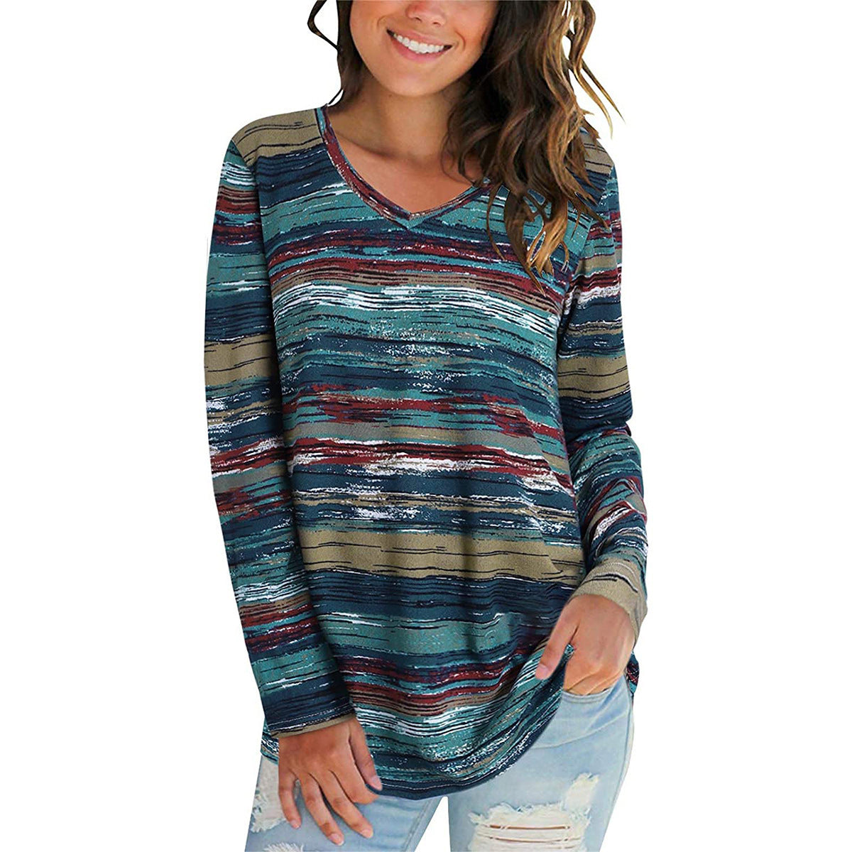 Damen V-Ausschnitt Langarmshirt mit gestreiftem Design und lockerer Passform Stalluxe