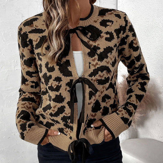 Damen Leo-Muster Strickjacke mit Bändern Stalluxe