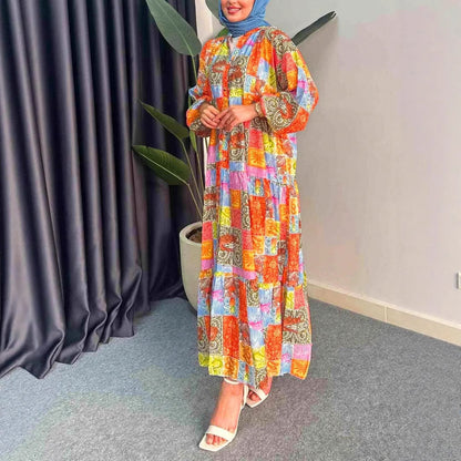 Damen Maxikleid im Boho-Stil mit buntem Patchwork-Design und weiten Ärmeln Stalluxe