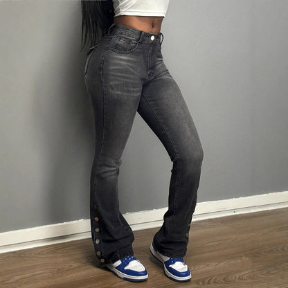 Damen Flared Jeans mit Knopfdetail und hohem Bund Stalluxe