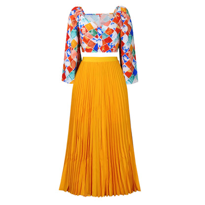 Damen Plissiertes Kombinationskleid mit farbenfrohem Oberteil und weitem Rock Stalluxe Gelb
