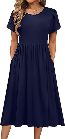 Damen Midi-Kleid mit rundem Halsausschnitt und praktischen Taschen Stalluxe