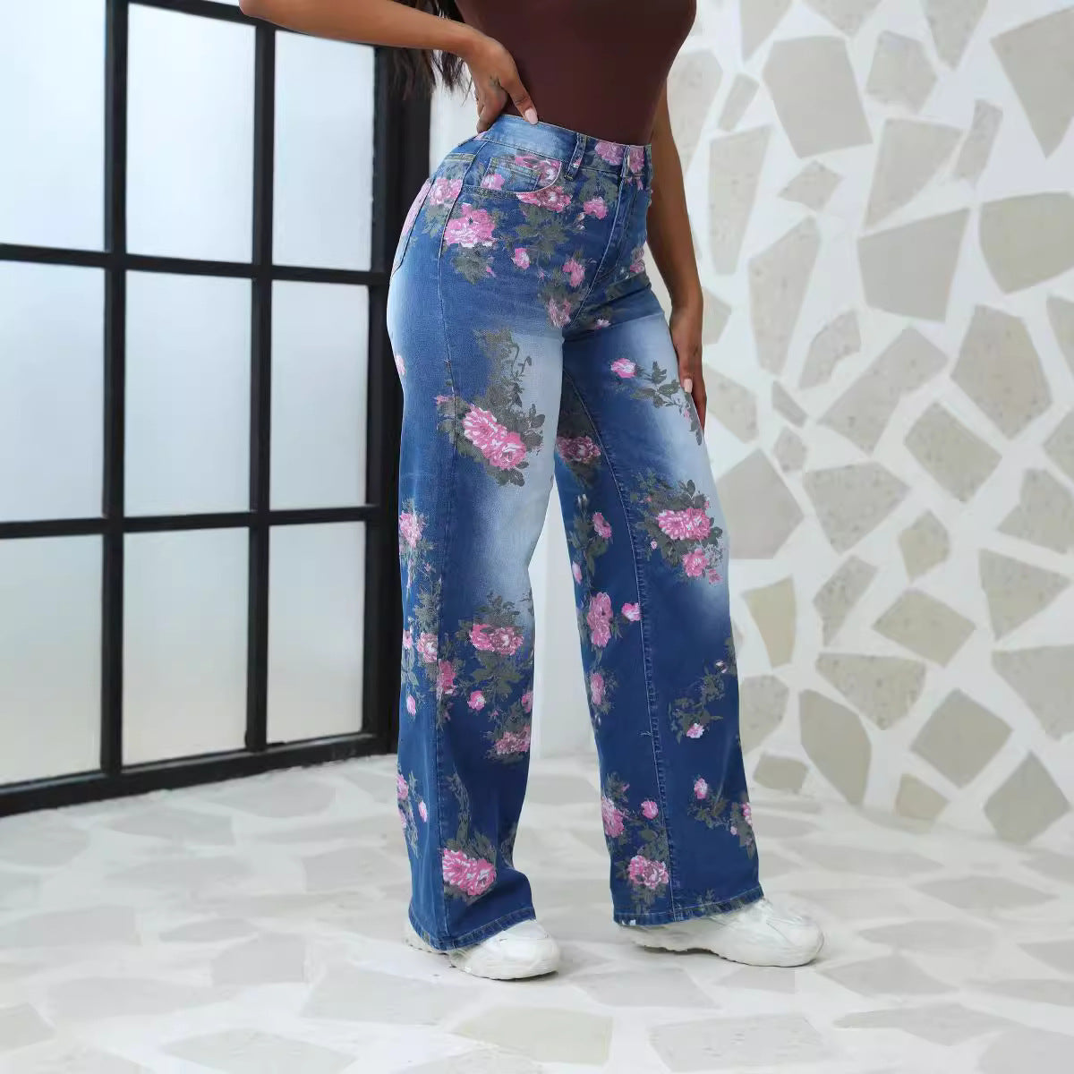 Damen Blumige Wide-Leg Jeans im modischen Design mit hohem Bund Stalluxe