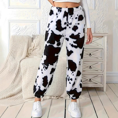 Damen Plüschhose mit modischem Kuhfleckenmuster und elastischem Bund Stalluxe