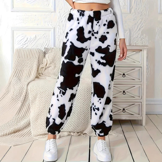 Damen Plüschhose mit modischem Kuhfleckenmuster und elastischem Bund Stalluxe