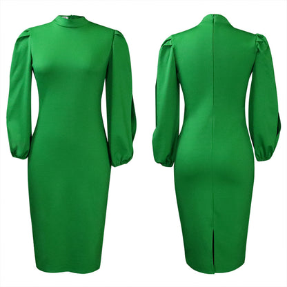 Damen Elegantes Bodycon-Kleid mit Puffärmeln und hohem Kragen Stalluxe Grün