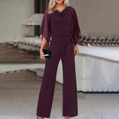 Damen eleganter Jumpsuit mit schwingenden Ärmeln und tailliertem Gürtel Stalluxe