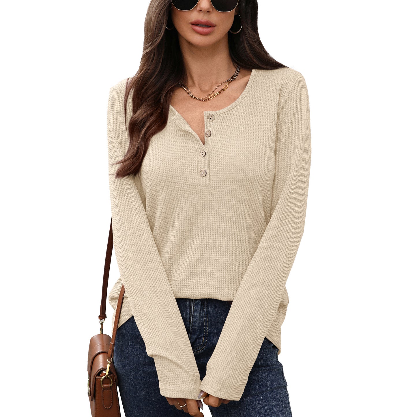Damen Waffelstrick Langarmshirt mit Knopfleiste Stalluxe