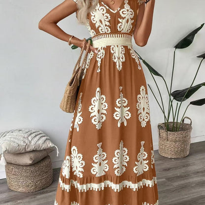 Damen Maxikleid mit stilvollem V-Ausschnitt und kontrastreichem Druck Stalluxe