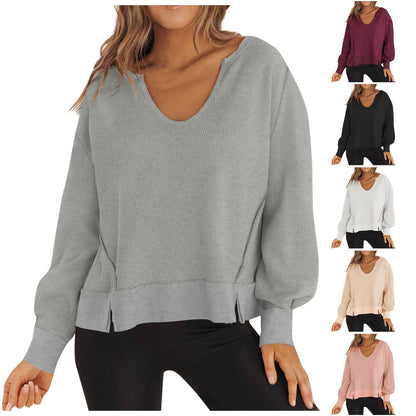 Damen Lässiger Pullover mit V-Ausschnitt und seitlichen Schlitzen Stalluxe