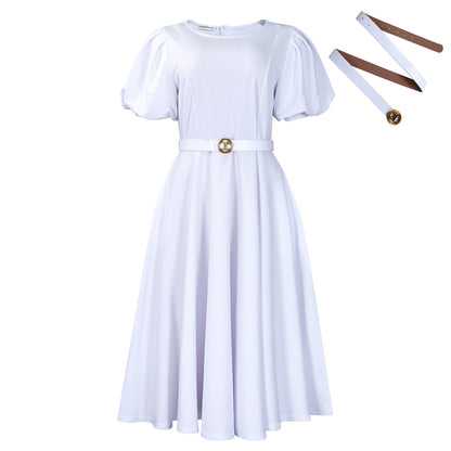 Damen Midi-Kleid mit voluminösen Puffärmeln, elegantem Taillengürtel und schwingendem Rock Stalluxe