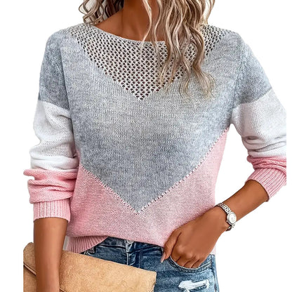 Damen moderner Strickpullover mit kontrastierenden Farbblöcken und V-Ausschnitt Stalluxe