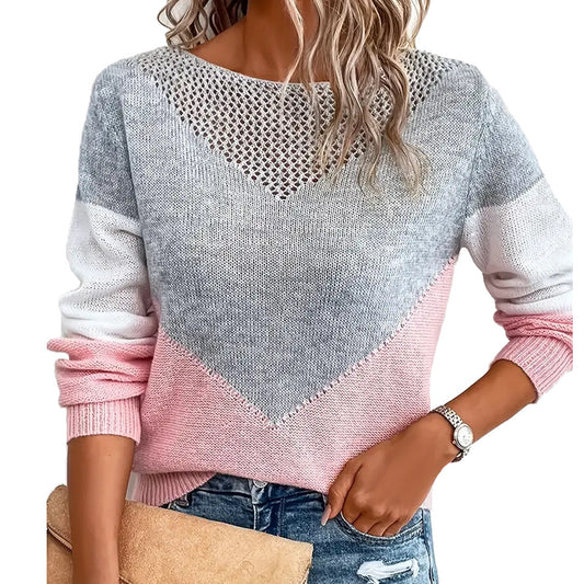 Damen moderner Strickpullover mit kontrastierenden Farbblöcken und V-Ausschnitt Stalluxe
