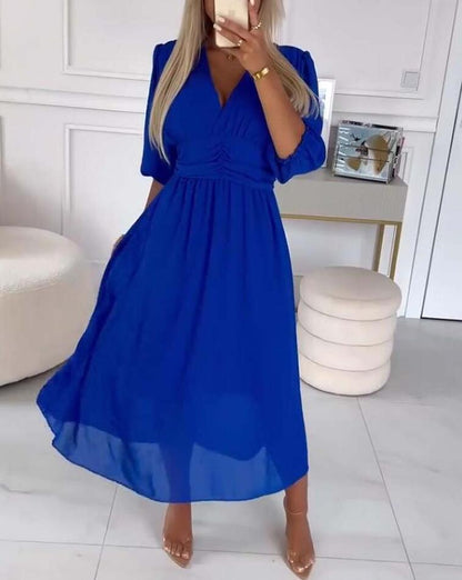 Damen Midikleid mit raffiniertem V-Ausschnitt und Puffärmeln Stalluxe