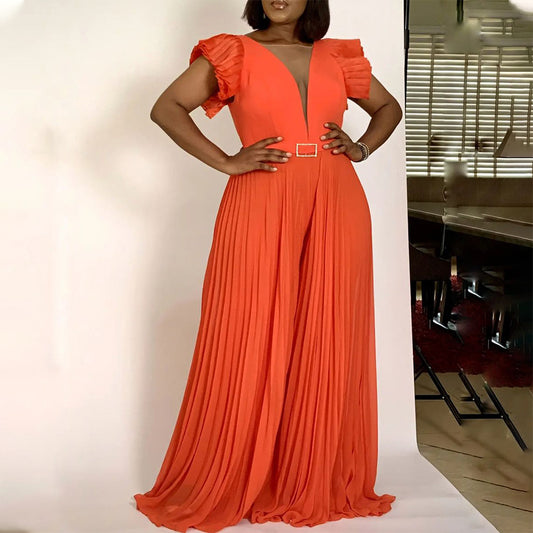 Damen Maxikleid mit voluminösen Puffärmeln und tiefem V-Ausschnitt Stalluxe