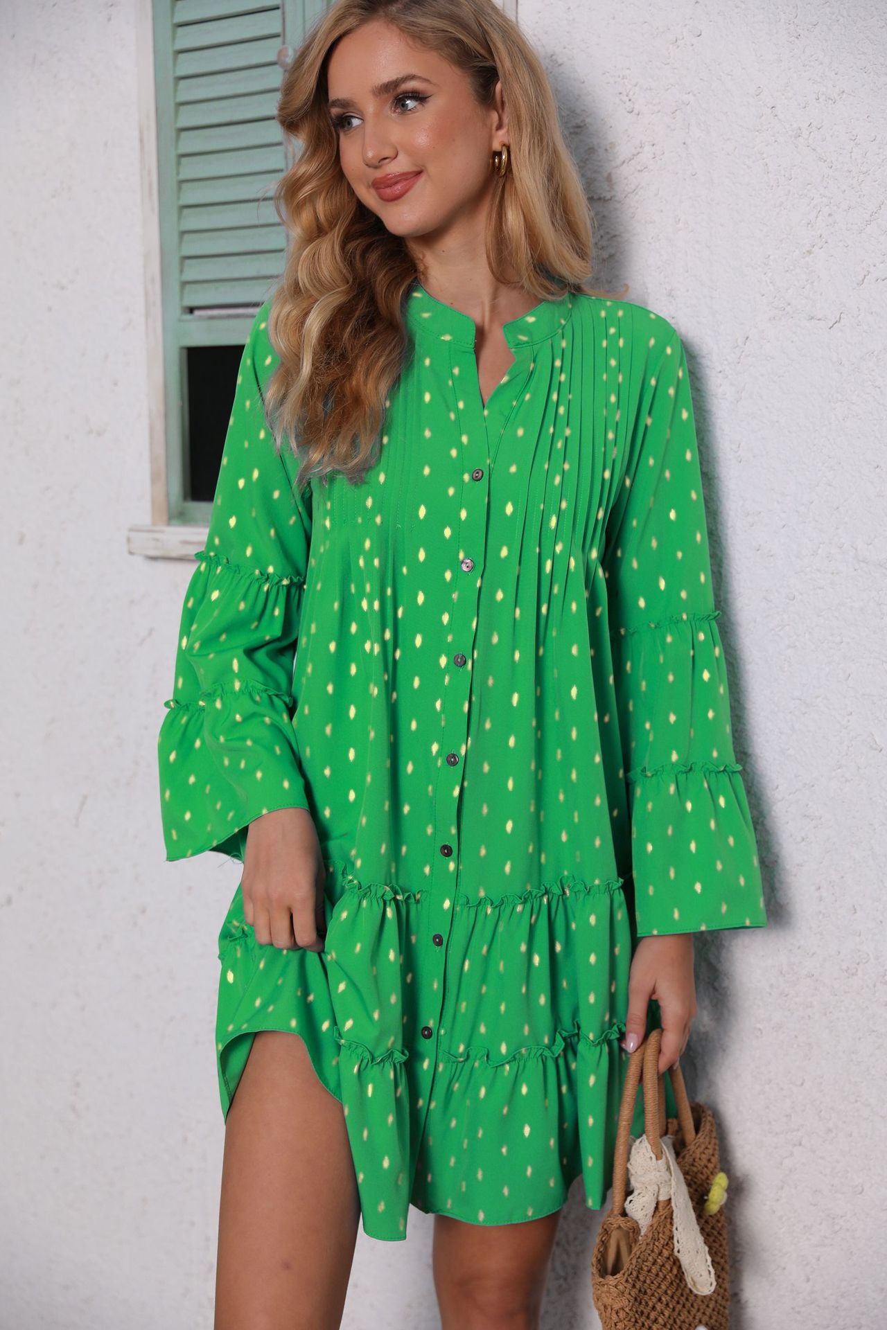 Damen lässiges Hemdblusenkleid mit Rüschendetails und Knopfleiste Stalluxe