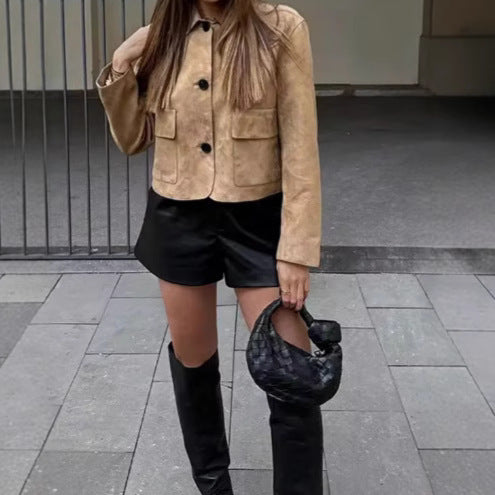 Damen Wildlederimitat Jacke mit Knopfleiste und Taschen Stalluxe