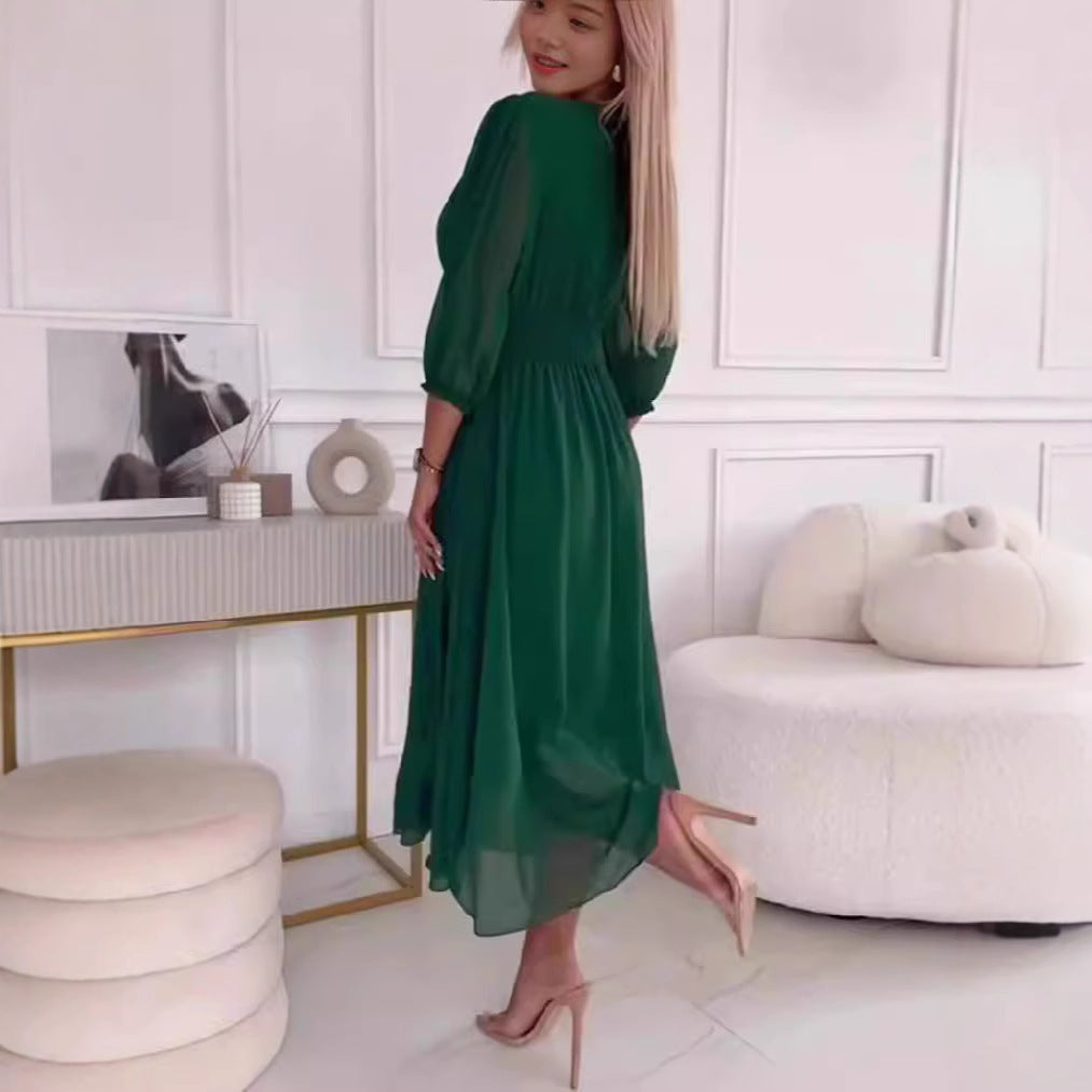 Damen Midikleid mit raffiniertem V-Ausschnitt und Puffärmeln Stalluxe