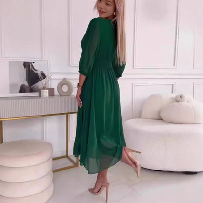 Damen Midikleid mit raffiniertem V-Ausschnitt und Puffärmeln Stalluxe