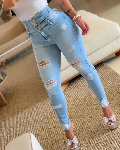 Damen High-Waist Denim Jeans mit modischen Destroyed-Details Stalluxe
