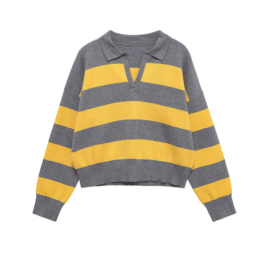 Damen lässiger Strickpullover mit stylisierten Streifen und Polokragen Stalluxe