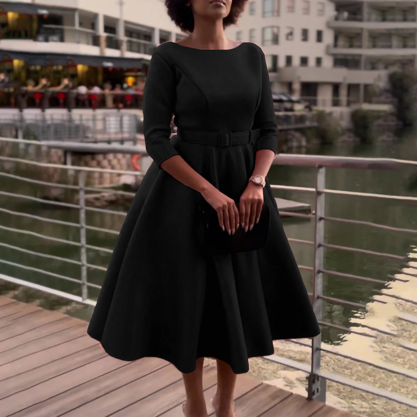 Damen Elegantes A-Linien Kleid mit Gürtel und ¾-Ärmeln Stalluxe
