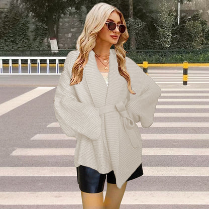 Damen gemütliche Strickjacke mit breitem Gürtel und angeschnittenen Ärmeln Stalluxe