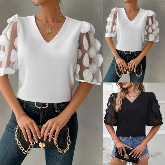 Damen Elegantes Oberteil mit transparenten Puffärmeln und V-Ausschnitt Stalluxe