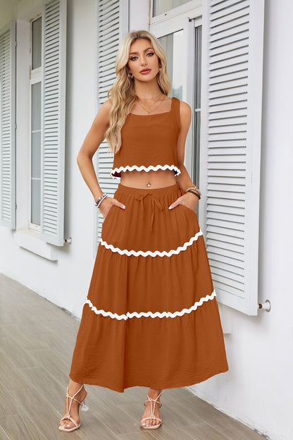Damen Zweiteiliges Set mit Crop Top und Maxirock im Rüschenstil Stalluxe