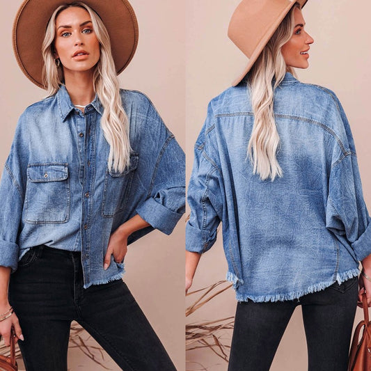 Damen Lässige Denimbluse mit Fransen und aufgesetzten Taschen Stalluxe