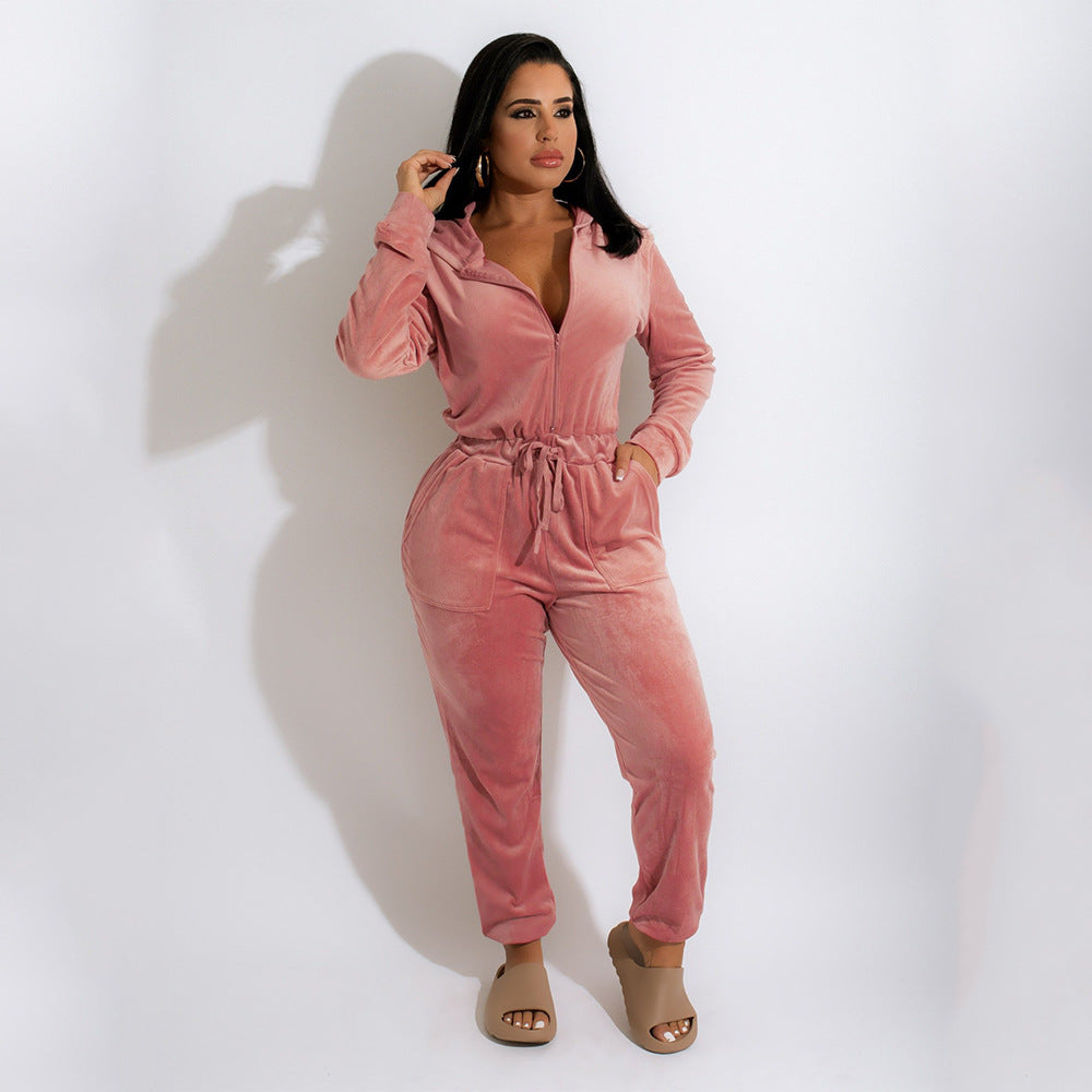 Damen Fleece-Jumpsuit mit Kapuze und elastischem Bund Stalluxe