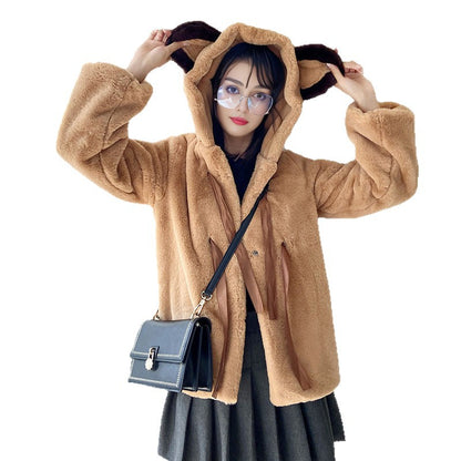 Damen Kuschelige Kunstpelzjacke mit Kapuze und Schleifendetails Stalluxe