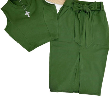 Damen Modisches Oberteil und Midirock Set mit Gürtel Stalluxe