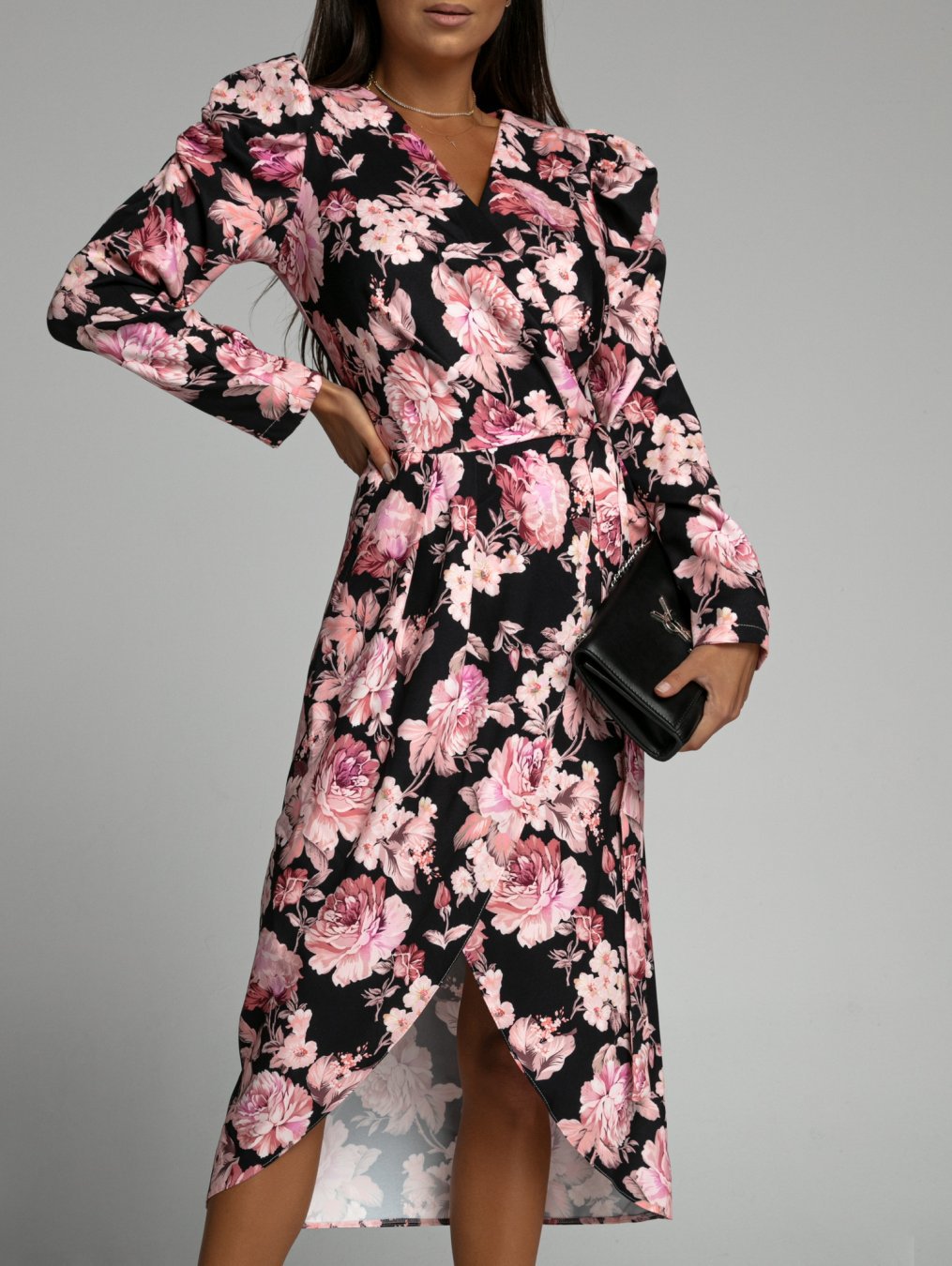 Damen Wickelkleid mit floralen Mustern und eleganten Puffärmeln Stalluxe