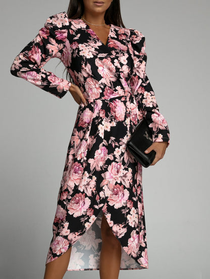 Damen Wickelkleid mit floralen Mustern und eleganten Puffärmeln Stalluxe