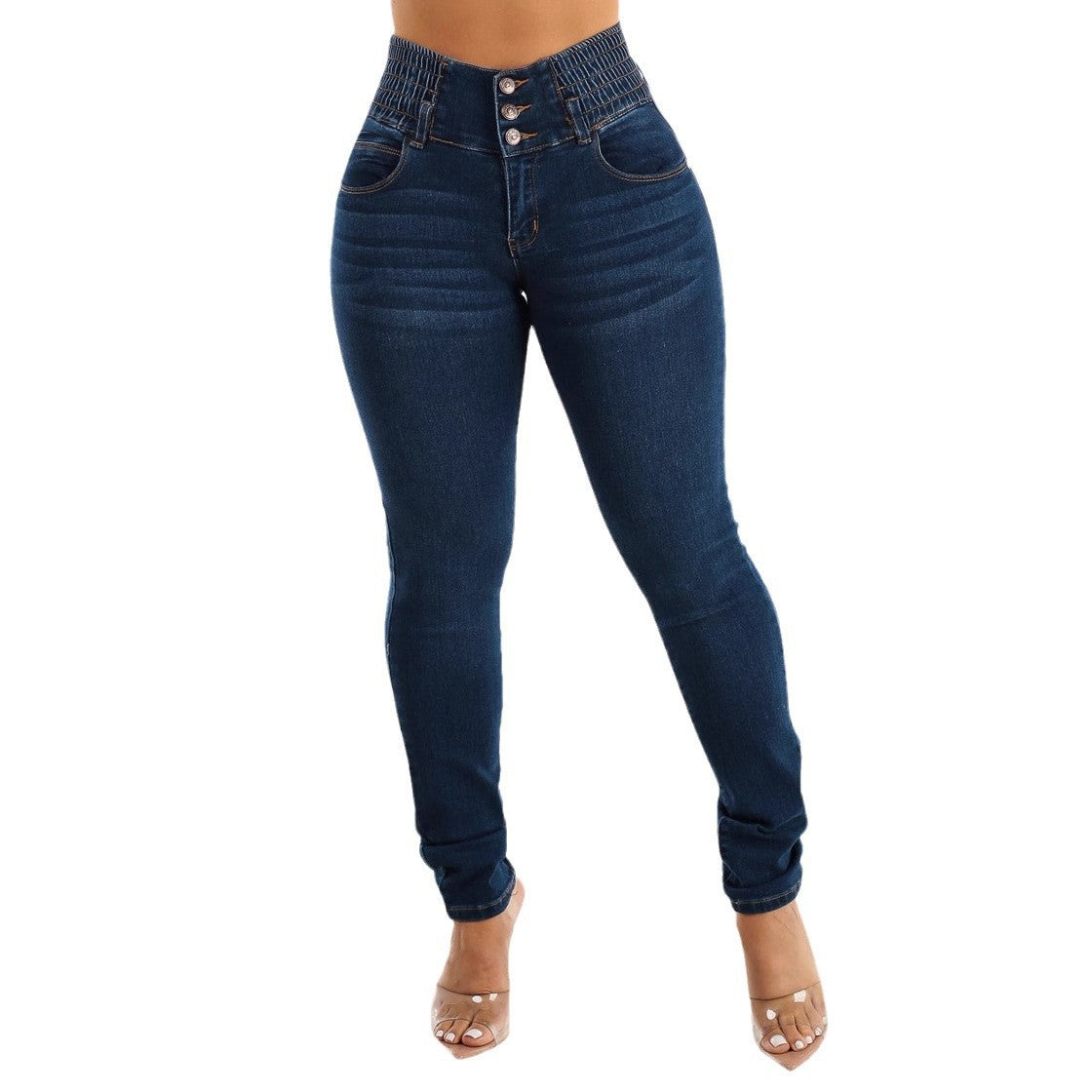 Damen Slim Fit Jeanshose mit elastischem Bund und Knopfverschluss Stalluxe
