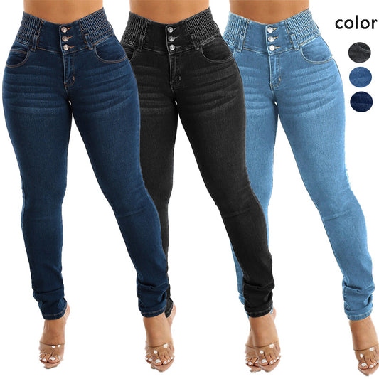 Damen Slim Fit Jeanshose mit elastischem Bund und Knopfverschluss Stalluxe