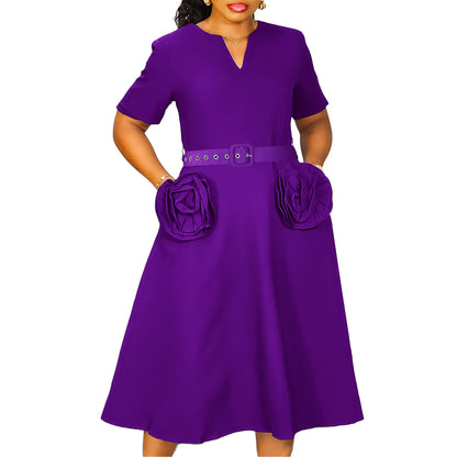 Damen Midi-Kleid mit dekorativen Blumenapplikationen und Taillengürtel Stalluxe