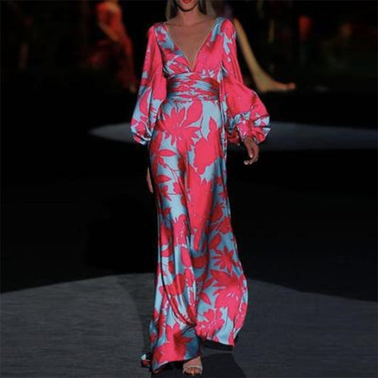 Damen Maxikleid mit tiefem V-Ausschnitt und voluminösen Ärmeln Stalluxe
