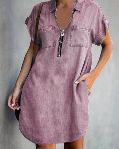 Damen Chambray Kleid mit Reißverschluss und praktischen Taschen Stalluxe