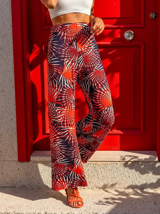 Damen Weit geschnittene Palazzohose mit tropischem Print und elastischem Bund Stalluxe