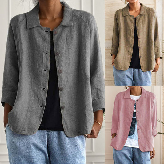 Damen lockere Leinenjacke mit Knopfdetails und seitlichen Taschen Stalluxe