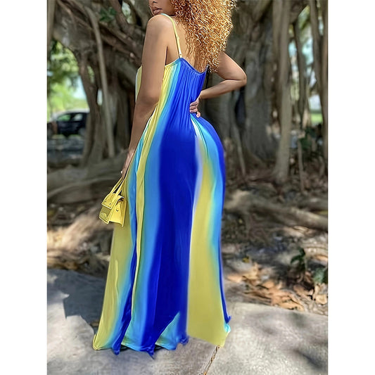Damen Maxikleid mit fließendem Farbverlauf und zarten Spaghettiträgern Stalluxe