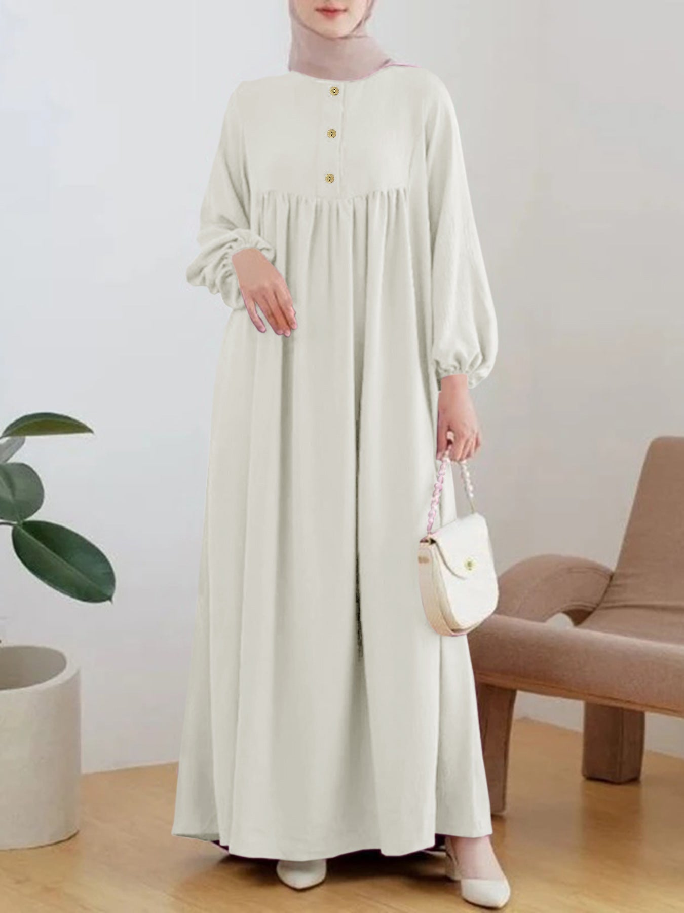 Damen luftiges Maxikleid mit bequemer Knopfleiste und eleganten Puffärmeln Stalluxe