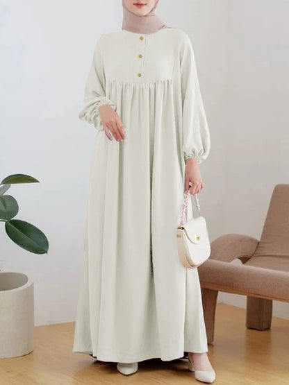 Damen luftiges Maxikleid mit bequemer Knopfleiste und eleganten Puffärmeln Stalluxe