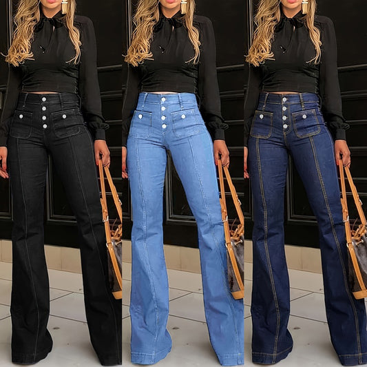 Damen High-Waist Schlagjeans mit Knopfdetails Stalluxe