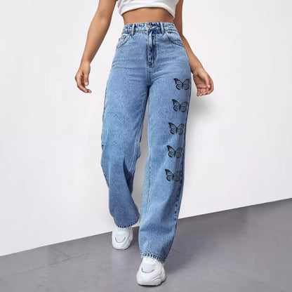 Damen Weit geschnittene Jeans mit modischem Schmetterlingsdesign Stalluxe