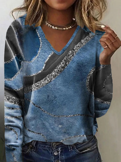 Damen V-Ausschnitt Langarmshirt mit modernem Wellendesign Stalluxe