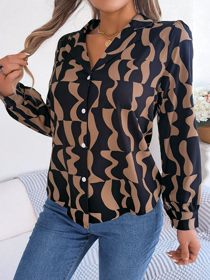 Damen Bluse mit modischem Grafikdruck und elegantem Kragen Stalluxe